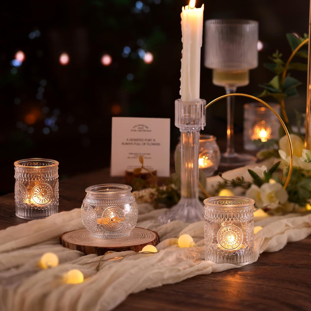 DARJEN 24Pcs Clear Votive Candle Holders - Glass Tea Light Candle Holder, Candle Holders Bulk, Embossed Candle Votives for Wedding Centerpiece & Home Decor