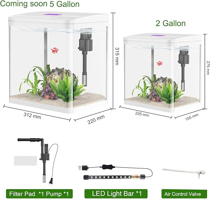2 Gallon Betta Fish Tank Starter Kit, Self-Cleaning Aquarium with Built-in Filter and LED Light-PawvioPets