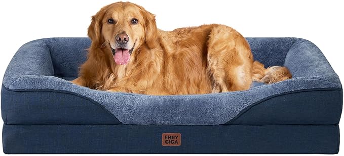 EHEYCIGA Memory Foam Dog Bed for Large Sized, Orthopedic Dog Sofa with Sides and Waterproof Liner, Washable Bolster Pet Couch with Removable Cover, 41x27x7.5 Inch, Navy-PawvioPets