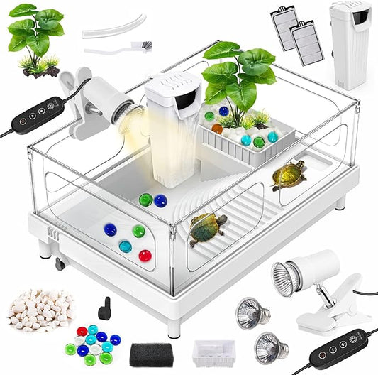 GOZILLA Small Turtle Tank Kit(Tank+Lamp+Filter), Acrylic Turtle Starter Kit with Adjustable Lamp, Reptile Habitat and Terrarium with Multi-Functional Areas for Small Reptiles. (White Kit)-PawvioPets