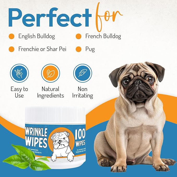 Bulldog Wrinkle Wipes for Dogs – Deodorizing & Soothing with Honeysuckle Extract – Non-Irritating, Cleans Wrinkles, Folds, Paws & Tail Pockets – for Bulldogs, Pugs & Frenchies (100 Count)-PawvioPets