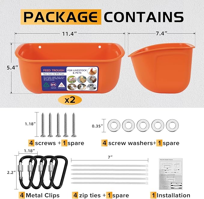 Goovilla Chicken Feeder Waterer, Hanging or Screw-in Fence Feeder with Clips, 2 Pack 5 Quart Goat Feeder Supplies, Duck Piglet Sheeple Coop Dog Livestock Poultry Plastic Feeder Trough Bucket, Orange-PawvioPets