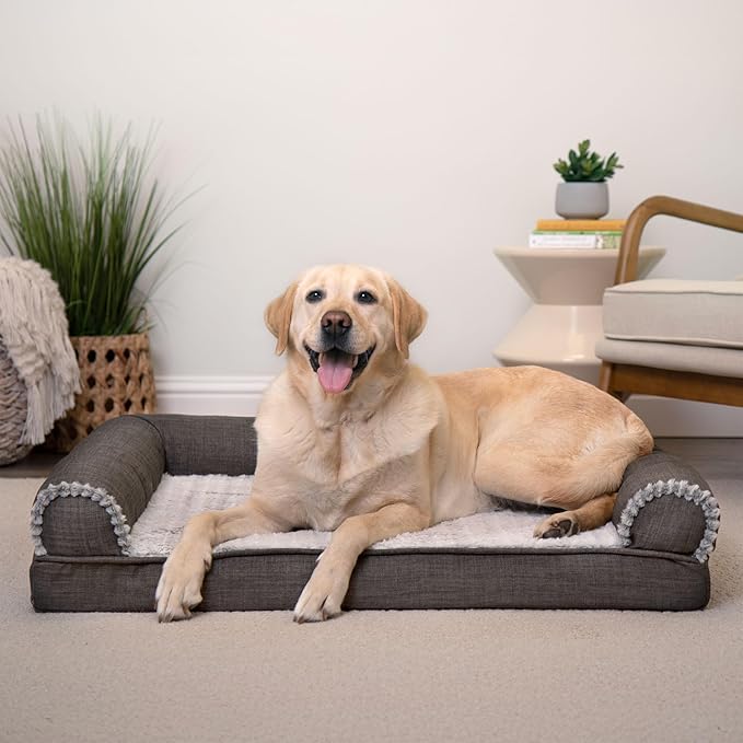Furhaven Orthopedic Dog Bed for Large/Medium Dogs w/ Removable Bolsters & Washable Cover, For Dogs Up to 55 lbs - Luxe Faux Fur & Performance Linen Sofa - Charcoal, Large-PawvioPets