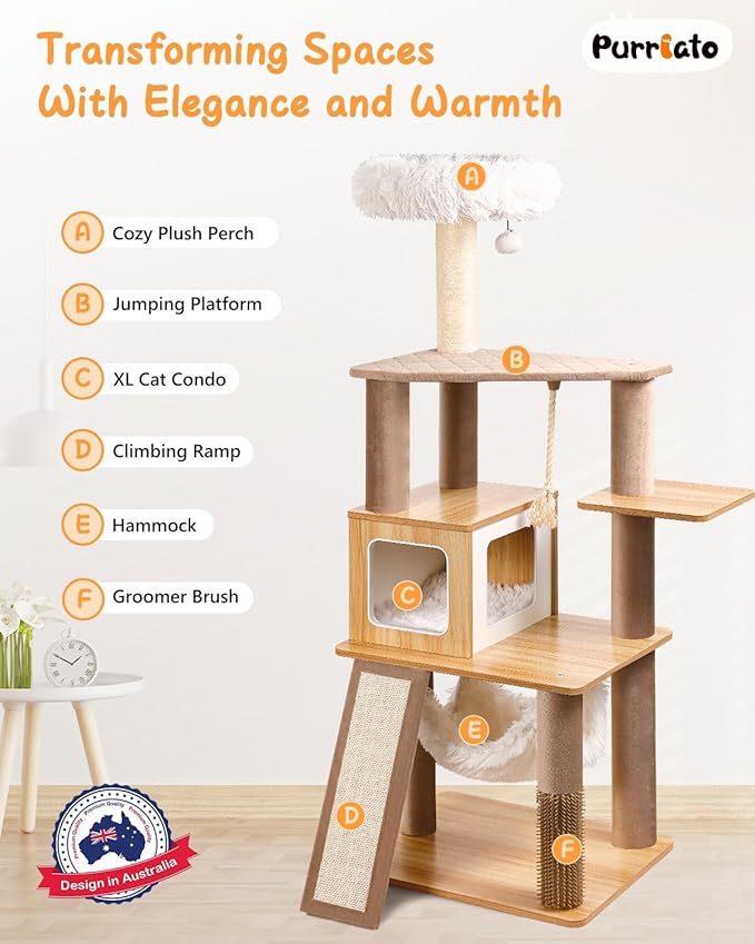 61" Wooden Cat Tree Tower for Indoor Cats, Luxury Modern Wooden Tower with XL Plush Lounge, Hammock & Scratching Posts for Maine Coon 20 lbs-PawvioPets