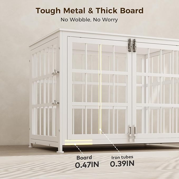 32 Inch Heavy Duty Wooden Dog Kennel End Table with Double Door Design and Secure Locks, Indoor Pet Crate Furniture for Medium Dogs, Decorative Home Cage Design,White-PawvioPets
