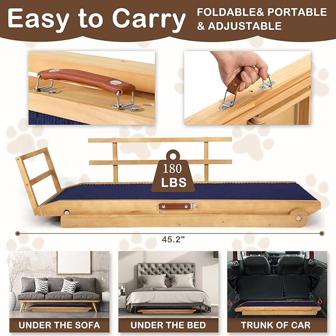 Dog Ramp for Beds, Cars, Couches, Dog Steps Anti-Slip Surface, Dogs Ramps for Old Small Pet,High Traction with Platform, 7 Adjustable Heights 16" to 27" Up, Portable Stairs Design for Dogs, 45.3" Long-PawvioPets