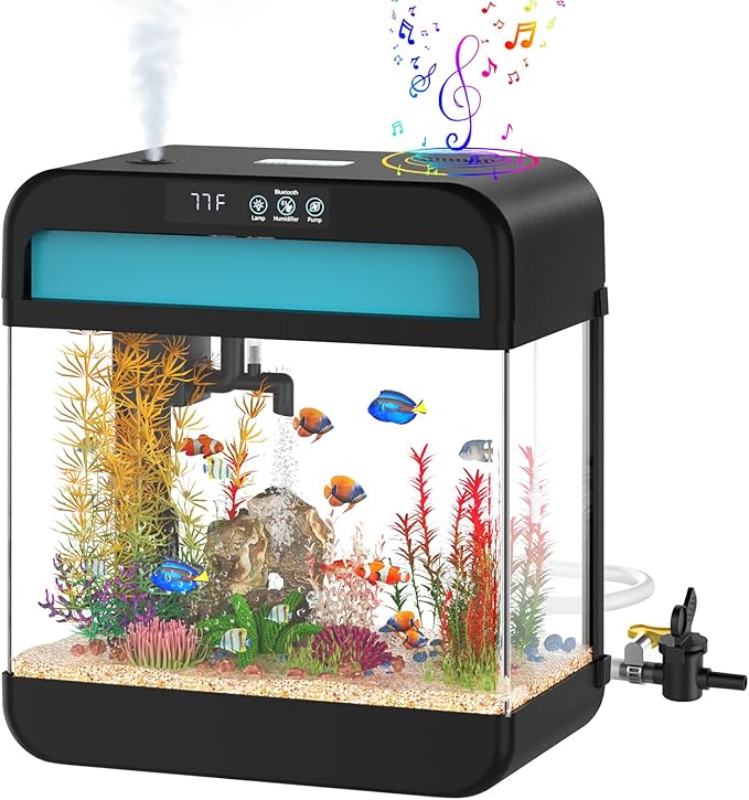 Fish Tank 2.2 Gallon Fish Aquarium with Music Humidifier 7 Color Auto-Looping Light Adjustable Water Pump with Filtration & Aeration & Circulation, Temperature Display, Bottom Water Changer-PawvioPets