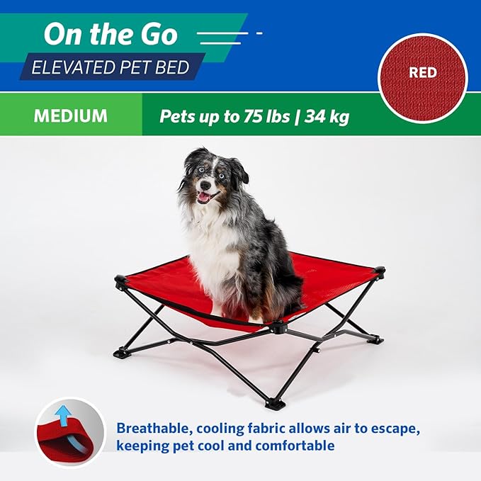 Coolaroo On-The-Go Elevated Dog Bed - Foldable Pop-Up Travel Dog Bed with Breathable, Moisture-Resistant Fabric, Carry Bag Included, Lightweight & Portable, Red, Medium-PawvioPets