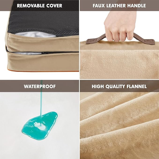 Friends Forever Orthopedic Dog Bed for Large Dogs, Waterproof Memory Foam Dog Sofa Bed L with Removable Washable Cover, Ally Khaki, 35x25x6.5-PawvioPets