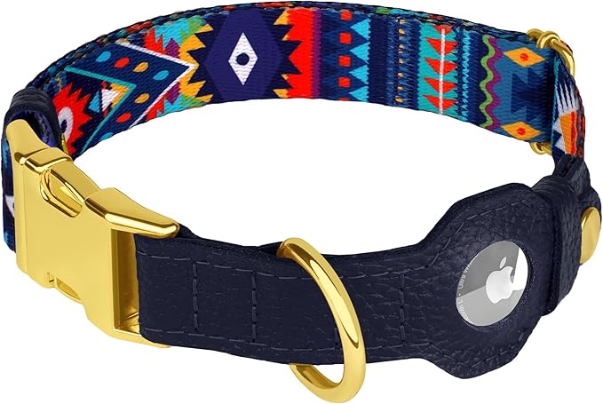 AirTag Dog Collar for Small Medium Large Breed - Adjustable Cute Pattern Dog Collar with Airtag Holder - Soft Leather Tracker GPS Apple Air Tag Pet Collars (X-Large, 20"-25" Neck Fit, Navajo)-PawvioPets