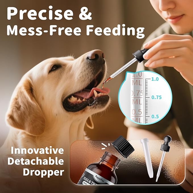 Dog Flea and Tick Support, Natural Herbal Flea & Tick Comfort for Dogs, Flea Liquid Drops Supplement for Dogs with Neem, Oregano, Pumpkin Seed Oil - Chicken Flavor, 2 FL.Oz - All Breeds & Sizes-PawvioPets