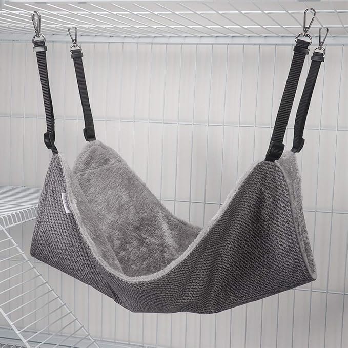 Cat Hammock for Cage, Soft Pet Bed Fit Ferret, Kitten, Puppy, Small Dog, Adjustable-Strap/Load Capacity 30lb (Gray)-PawvioPets
