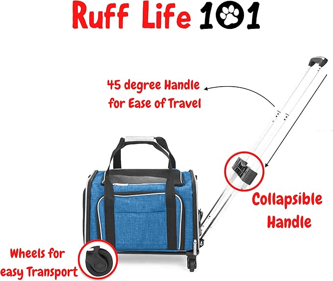 Airline Approved Expandable Premium Pet Carrier on Wheels- Two Sided Expandable Rolling Carrier- Designed for Dogs & Cats- Extra Spacious Soft Lined Carrier! (Blue)-PawvioPets