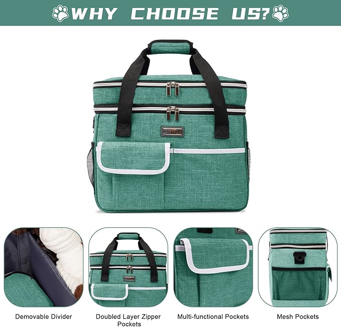 BAGLHER Dog Travel Bag for Supplies - Double-Layer Airline Approved Weekend Pet Travel Organizer Set for Dog and Cat Tote with 2 Pet Food Containers and 2 Collapsible Silicone Bowls Green-PawvioPets