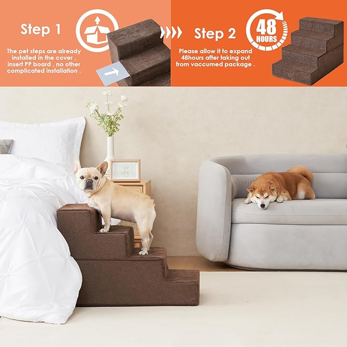 EHEYCIGA Dog Stairs for Bed 20" H, 4-Step Extra Wide Dog Steps for High Bed, Pet Steps for Small Dogs and Cats, Non-Slip Balanced Pet Ramp Indoor, Brown-PawvioPets