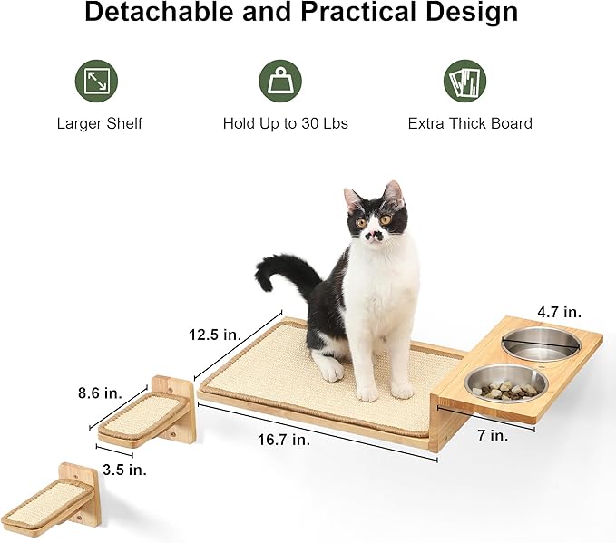 FUKUMARU Cat Wall Shelves, 3 In 1 Cats Walls Furniture Set, Food Station with 2 Steps , Solid Rubber Wood Perch, Suitable for Kitten Play, Nap, Eat, DIY Wall Jungle Gym-PawvioPets