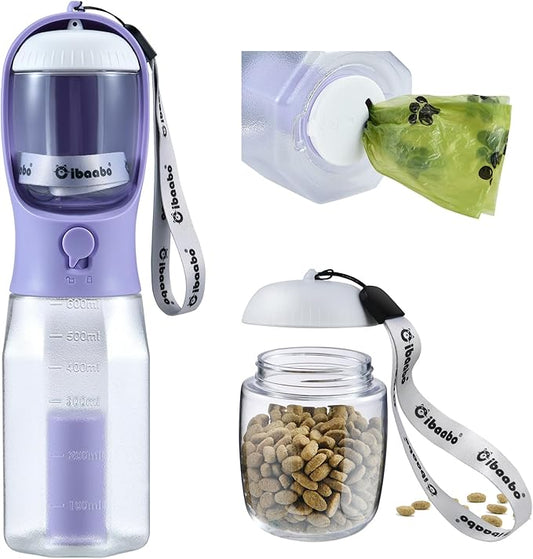 Dog Water Bottle with Food Container & Poop Bag Holder, Travel Water Bowl, Portable Pet Dispenser, Dog Stuff Accessories Items, Puppy Essentials Necessities for Yorkie Chihuahua Walking Hiking-PawvioPets