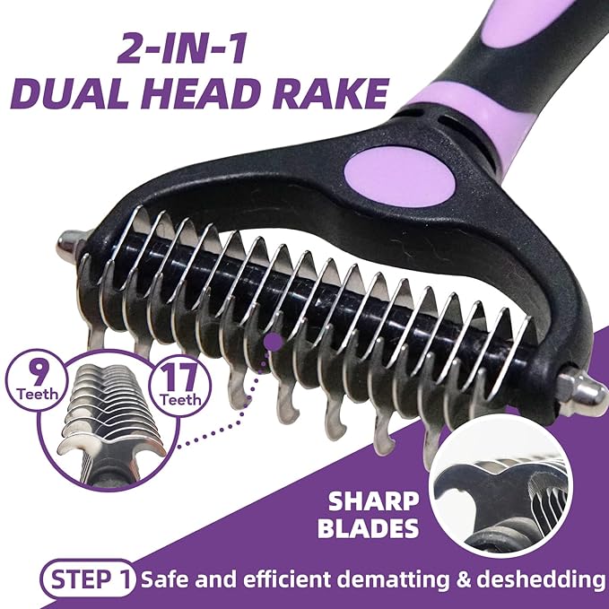 Dog Brush for Shedding, 7 PCS Dog Grooming Brush Kit Including Undercoat Rake, Slicker Brush, Dematting Comb, Nail Clipper, Bath Brush for Long & Short Haired Dogs, Cats - Purple-PawvioPets