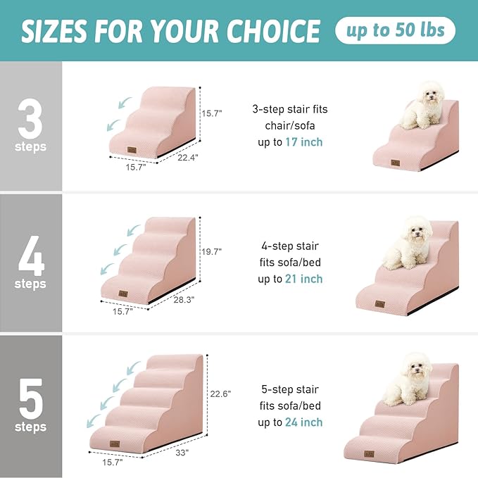 Dog Stairs for Small Dogs 15.7" H, Curved Dog Step for Puppy, Older Cat, Medium Pet Ramp for Sofa, Couch or Bed, Ladder with High Density Foam, 15.7x22.4x15.7 inch, 3 Step, Pink-PawvioPets