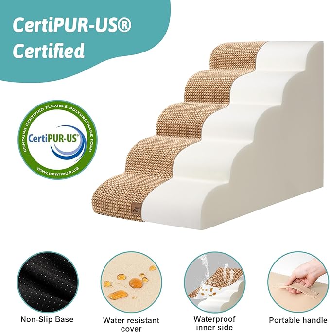 Dog Stairs for High Bed 22.6" H, Small Dog Step for Puppy, Older or Cat, Curved Ramp for Car, Ladder with High Density Foam, Lightweight, Durable, 15.7x33x22.6 inch, 5 Step, Light Brown-PawvioPets