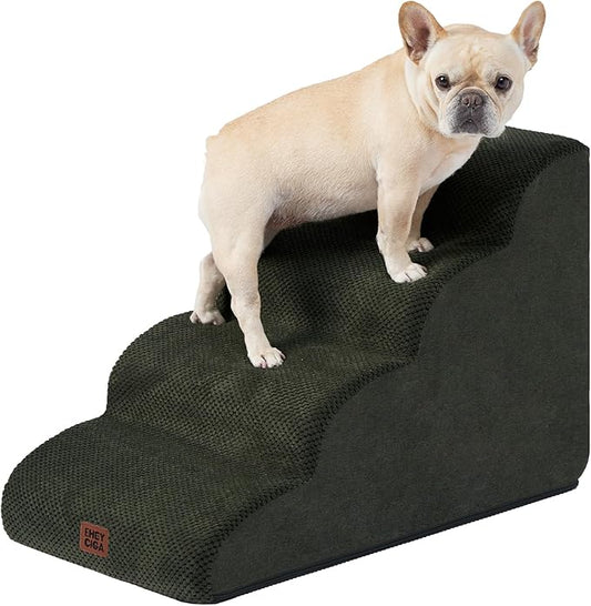 EHEYCIGA Curved Dog Stairs Ramp for High Beds 19.7" H, 4-Step Dog Steps for Small Dogs and Cats, Pet Stairs for High Bed Climbing, Non-Slip Balanced Pet Step Indoor, Olive Green-PawvioPets