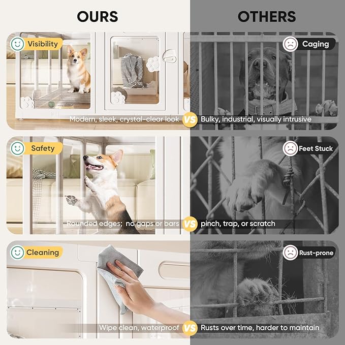 Acrylic Clear Dog Play Pen Indoors, Puppy Playpen with Door for Small Dogs Puppies, Transparent Plastic Pet Playpen Cage Fence Crate Kennel for Cat Kitten Rabbit Bunny Ferret etc (White-10 Panels)-PawvioPets