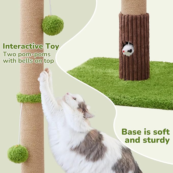 33" Tall Cat Scratching Post for Indoor Cats, Premium Sisal Scratch Posts with Cat Toys and Fun Mouse Holer for Cats at All Ages, Scratcher Tree with Reinforced Stable Base (Green)-PawvioPets