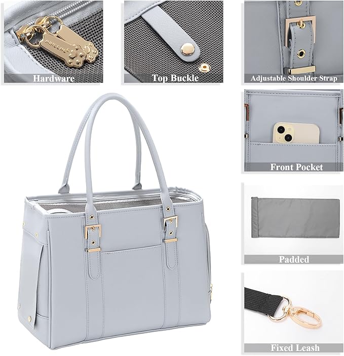 Fashion Pet Carrier Dog Purse Cat Bag Soft-Sided Carriers Travel Airline Approved, Stylish Leather Tote Handbag for Small Animal Puppy Kitten (Grey)-PawvioPets