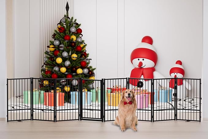 Full Metal Freestanding Dog Gate with Door, 32''Height Foldable Pet Dog Fence for Indoor & Outdoor, 8 Panels Extra Wide Free Standing TallDog Gates for Doorways,House,Stairs,Porch,Deck,Yard-PawvioPets