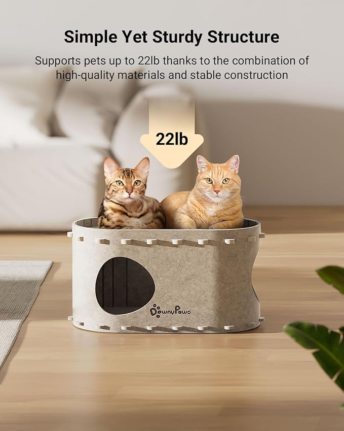 DownyPaws Cat House for Indoor Cats, Cat Bed Cave for Multiple & Large Cats Up to 22 Lbs, Scratch Resistant, Foldable Peekaboo Kitten Caves Tunnel Enclosed Bed, PeekaPurr, Cream-PawvioPets