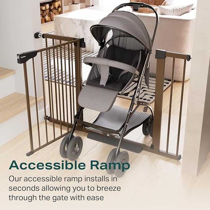 Cumbor 29.7-46" Baby Gate for Stairs, Mom's Choice Awards Winner-Auto Close Dog Gate for the House, Easy Install Pressure Mounted Pet Gates for Doorways, Easy Walk Thru Wide Safety Gate for Dog, Brown-PawvioPets