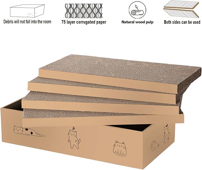 4 Packs in 1 Cat Scratch Pad with Box, Cat Scratcher Cardboard,Reversible,Durable Recyclable Cardboard, Suitable for Cats to Rest, Grind Claws and Play with Scratch Box-PawvioPets