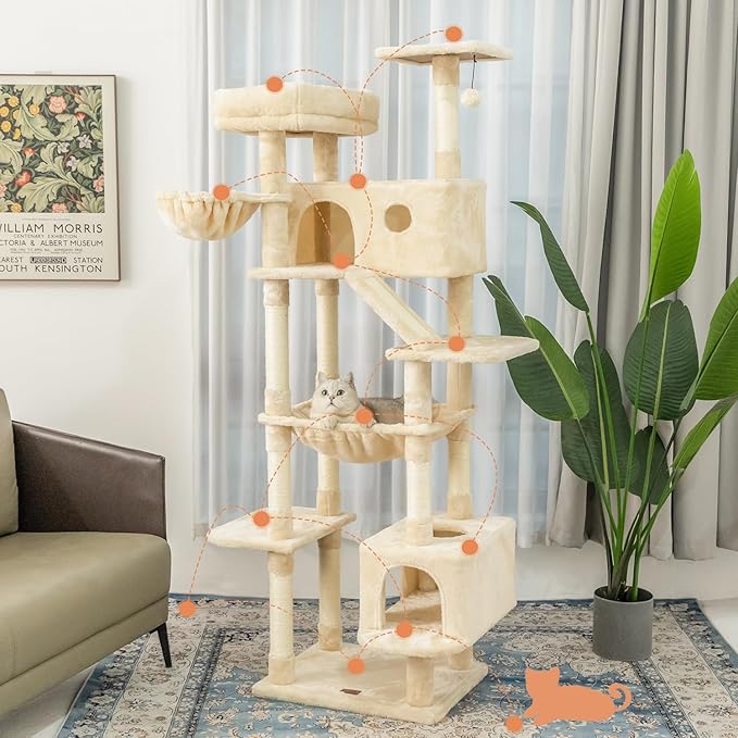 73 inches Large Cat Tree for Indoor Cats, Tall Cat Tower with Sisal Scratching Posts and Pads, Padded Plush Perch, Cozy Basket, Plush Condo for Large Cats (Beige)-PawvioPets