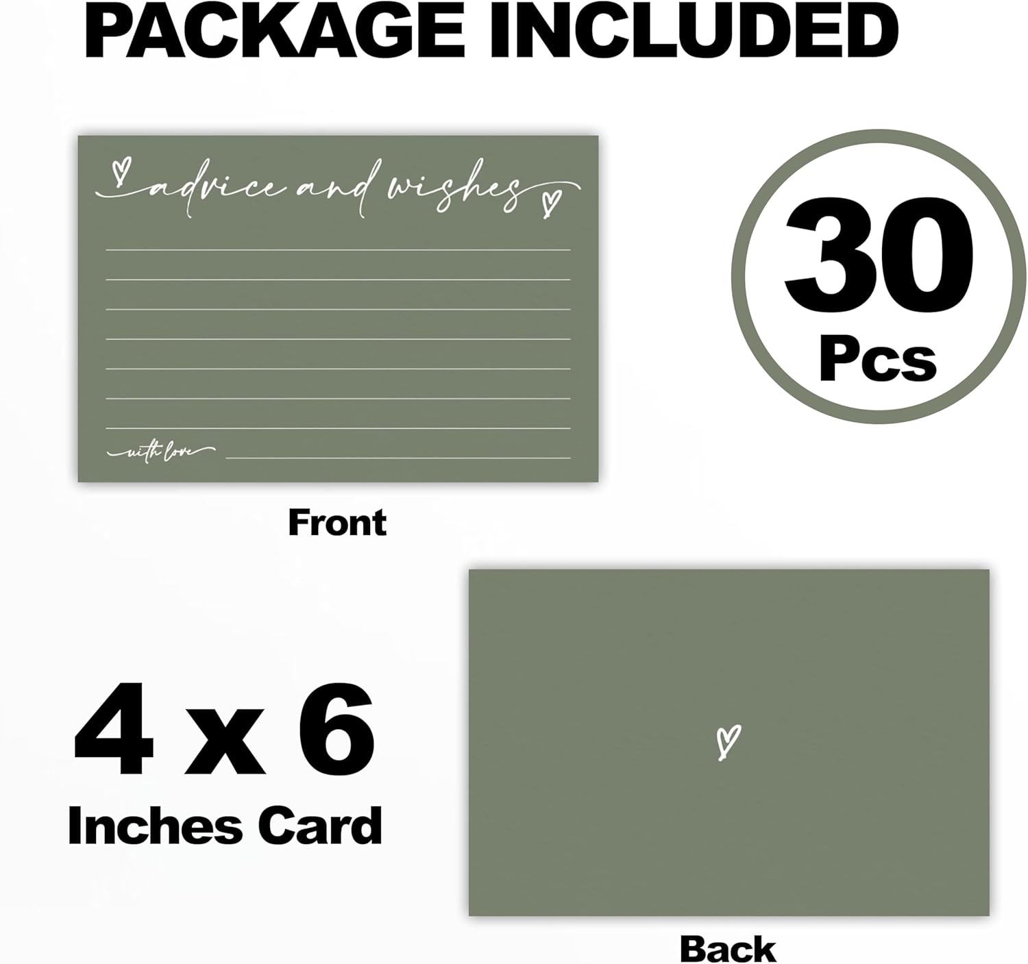 30 Advice & Wishes Cards - Olive Green - Double Sided Fill-In Advice Cards For Bridal, Wedding, Graduate Party, Mr & Mrs, Retirement, Baby Shower, Party Favor & Supplies - B03