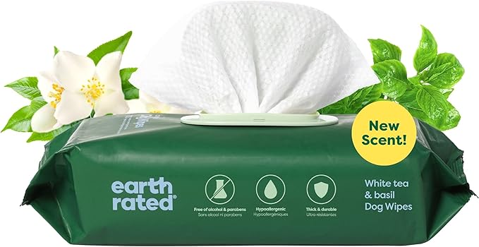 Earth Rated Pet Wipes for Dogs and Cats, Hypoallergenic, 3-in-1 Cleaning, Deodorizing and Hydrating, for Grooming Paws, Body and Butt, New White Tea and Basil Scent, 100 Count-PawvioPets