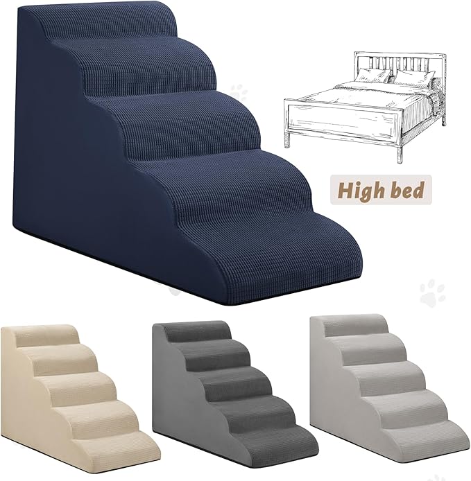 5-Step Dog Stairs and Ramp for High Bed, Non-Slip Sturdy Pet Steps for Small Dogs and Cats,22.2" H,Blue-PawvioPets