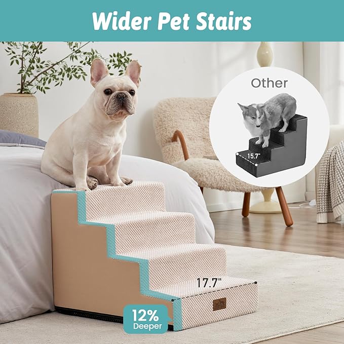 Dog Stairs for Small Dogs, 4 Tier Wider Pet Stairs for Couch and Beds, 17.7" H Non-Slip Dog Steps for Old Cats, Puppy, Small Medium Dogs, 17.7x23.6x17.7 inch, Beige-PawvioPets