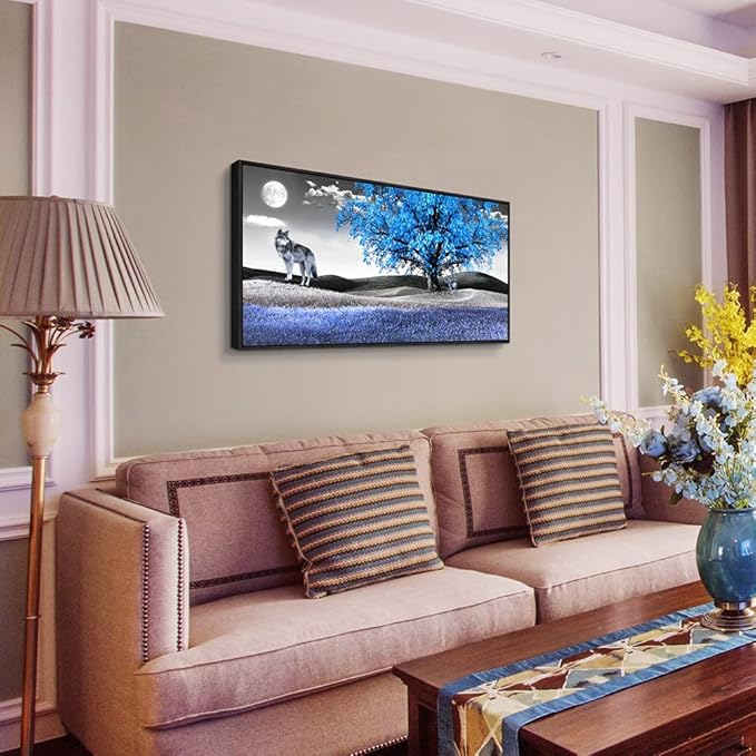Framed Canvas Wall Art For Living Room Family Wall Decorations For Bedroom Modern Office Wall Decor Paintings Blue Tree Landscape Pictures Artwork Canvas Art Prints Home Decor Black Frame 20" X 40"-PawvioPets