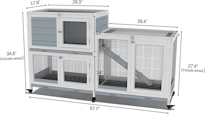GDLF Two Floors 58" Wooden Indoor Bunny Hutch Rabbit Cage on Wheels Guinea Pig PET House for Small to Medium Animals Waterproof No Leak Tray-PawvioPets