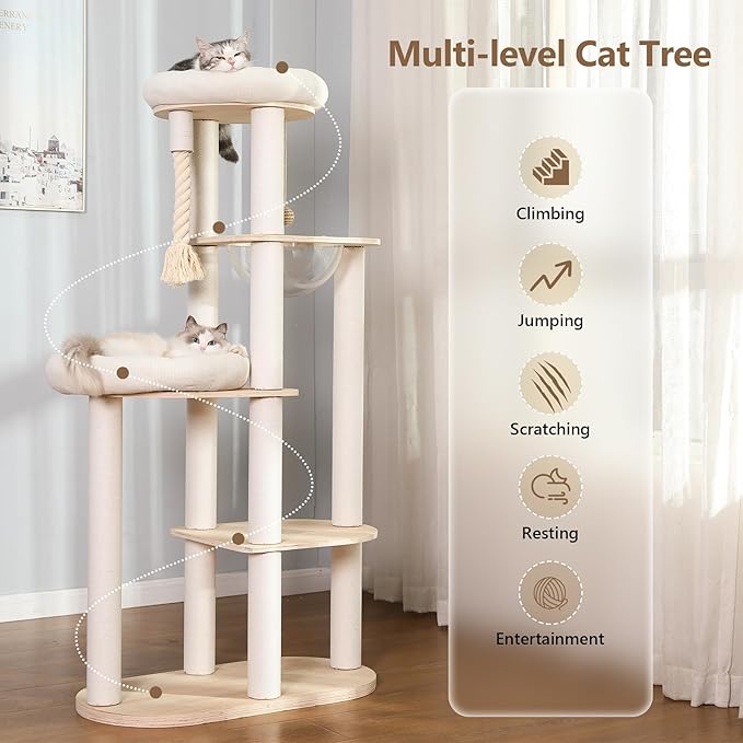 59" Modern Cat Tree Multi-Level Large Cat Tower Heavy Duty Cat Tree with Hammock,Cotton Scratching Post and Washable Cushions-PawvioPets
