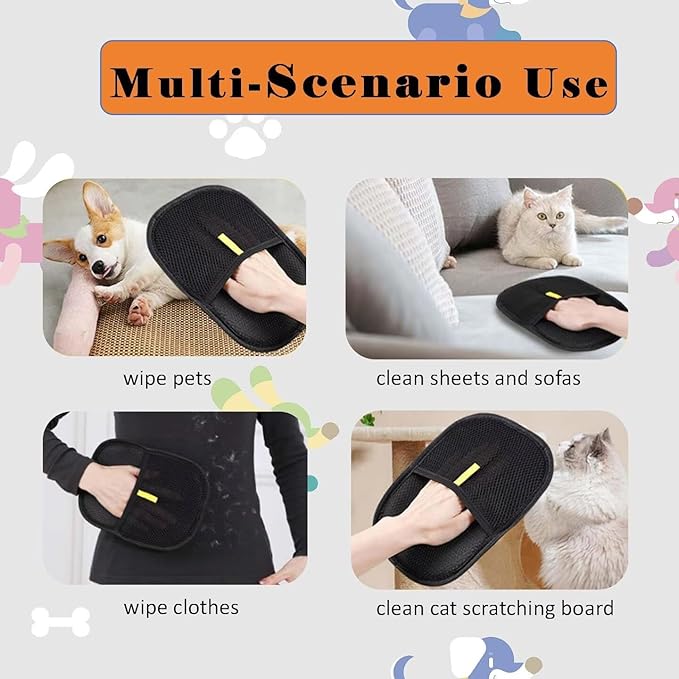 3 PCS Pet Hair Removal Glove for Cats & Dogs, Electrostatic Grooming Gloves for Pet Hair, Reusable Double Sided Static Hair Remover for Couch, Furniture, Carpet & Car Seat-PawvioPets