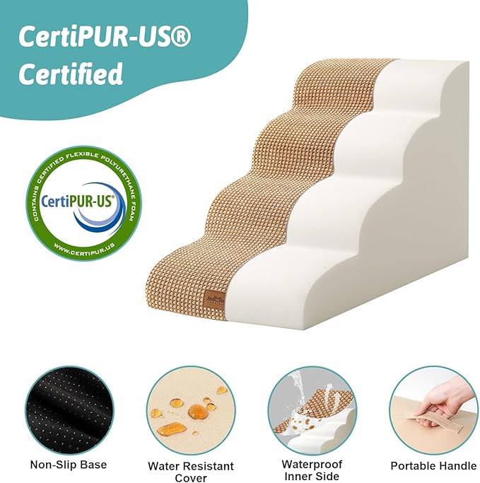 Dog Stairs for Small Dogs 19.7" H, Curved Dog Step for Puppy, Older or Cat, Medium Pet Ramp for Sofa, Couch or Bed, Ladder with High Density Foam, 15.7x28.3x19.7 inch, 4 Step, Light Brown-PawvioPets