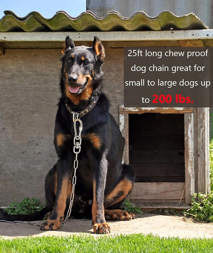 25ft Dog Chains for Outside - Heavy Duty Tie Out Chain Leash Great for Small to Large Dogs Up to 200Lbs - Chew Proof Long Chain for Yard Camping or Travel-PawvioPets