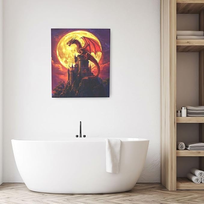 Dragon Bathroom Pictures Wall Art, Red Dragon Castle Bathroom Wall Decor, Framed Painting Canvas Artwork for Bedroom Living Room Decorations 24"L x 20"W-PawvioPets