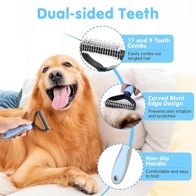 Cat Grooming Brush, 9PCS Dog Brush Kit with Pet Nail Clipper and File, Deshedding Brush for Cats, Cats Dog Shedding Brushs for Small Large Pets, Includes Flea Comb, Bath Brushs,Undercoat Rake (Blue)-PawvioPets