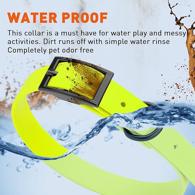 Dogline Biothane Waterproof Dog Collar Strong Coated Nylon Webbing with Black Hardware Odor- Proof for Easy Care Easy to Clean High Performance Fits Small Medium or Large Dogs, Safety Yellow-PawvioPets