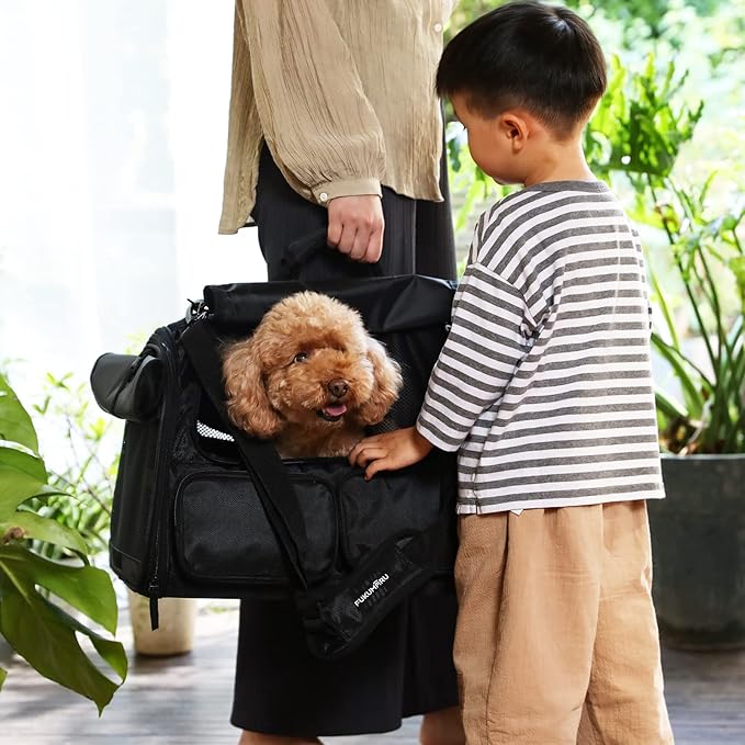 FUKUMARU Cat Carrier, 4 Mesh Windows Small Dog Carrier, 4 Storage Pockets Cat Travel Bag, Under 15 lb Airline Approved Pet Carrier, Rollable Cover for Nervous Cats, Black-PawvioPets