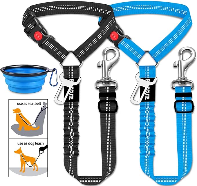 3 Piece Set Dog Seat Belt Retractable Dog Car Seatbelts Adjustable Pet Seat Belt for Vehicle Headrest Restraint Adjustable Heavy Duty & Elastic & Durable Car Harness for Dogs 06-Black+Blue-PawvioPets