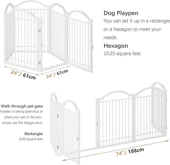 BHG Metal No-Assembly Freestanding Dog Gate with Door Walk Through, Extra Wide 120", Extra Tall 32" Pet Gate, Accordion Puppy Folding Playpen Dog Fence, with 2PCS Support (White, 5 Panels)-PawvioPets