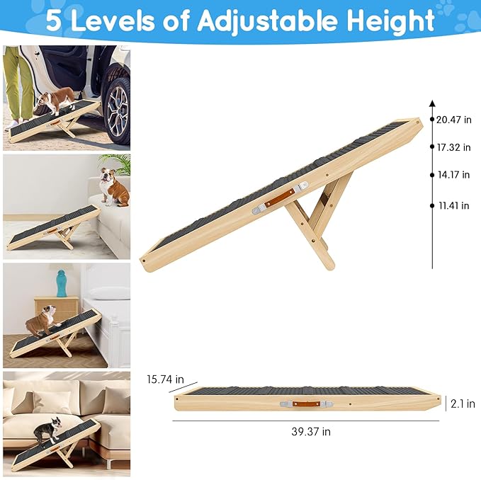 Dog Ramp for Couch, Bed, Wooden Long Pet Stairs for Small & Large Old Dogs & Cats, Hold up to 100lb, Adjustable Height from 11.41" to 20.47", Portable Doggie Steps (39.37" Long)-PawvioPets